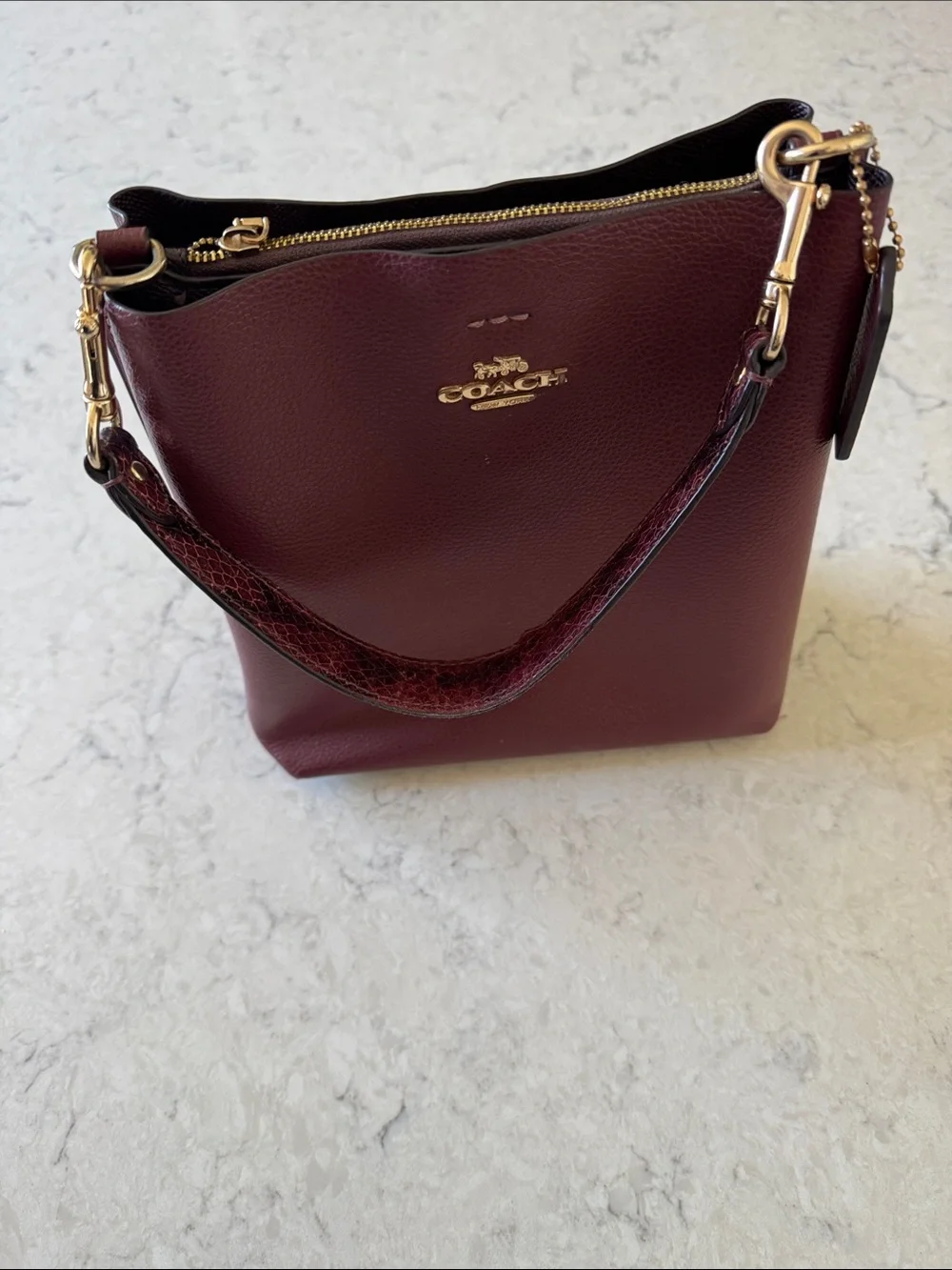 COACH Mollie 22 Pebbled Leather Bucket Bag in Burgundy with Gold Hardware